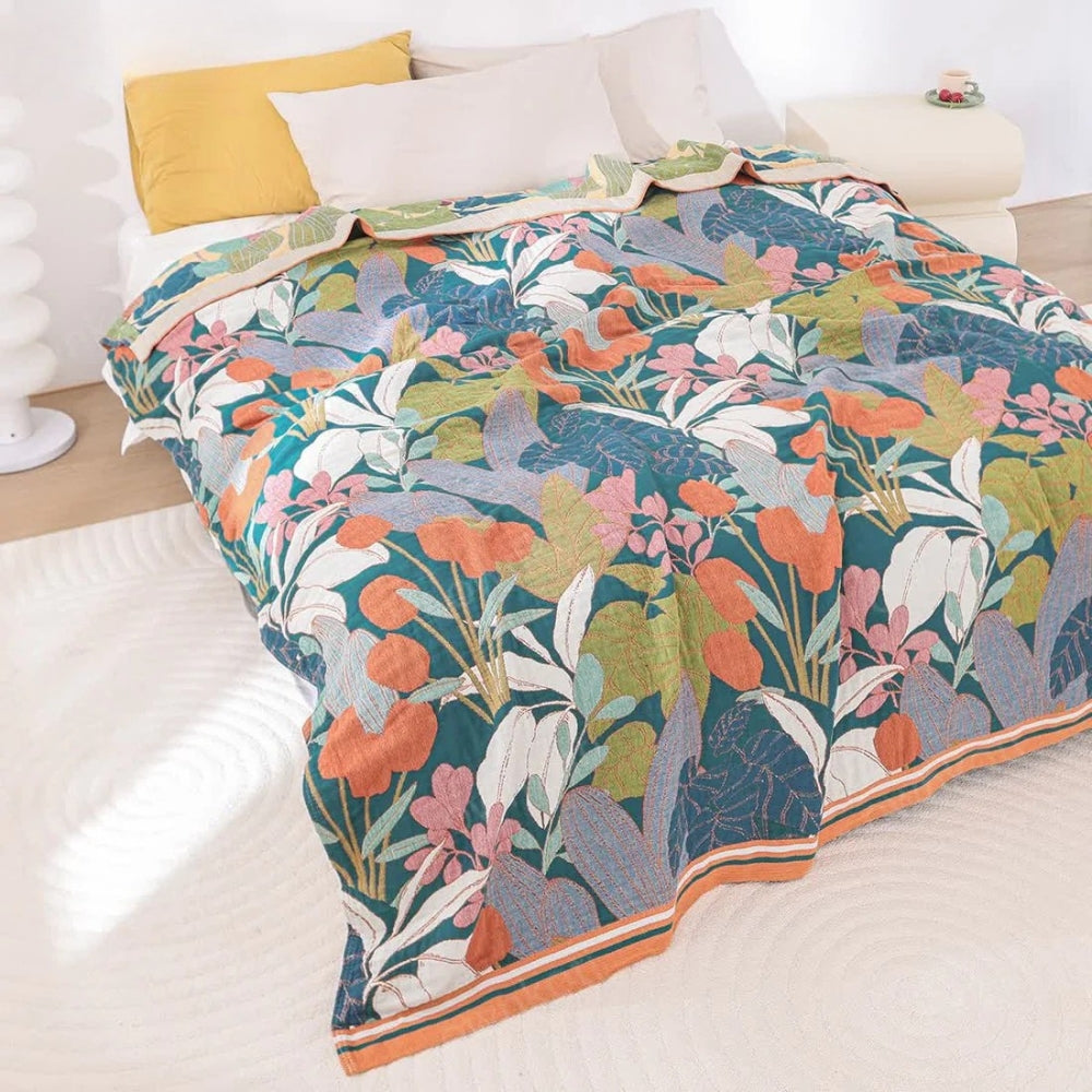 Botanical Weave: Breathable Cotton Blanket with Botanical Floral Pattern & Light Gauze Structure – for Sofa & Bedroom