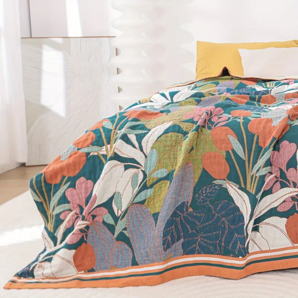 Botanical Weave: Breathable Cotton Blanket with Botanical Floral Pattern & Light Gauze Structure – for Sofa & Bedroom