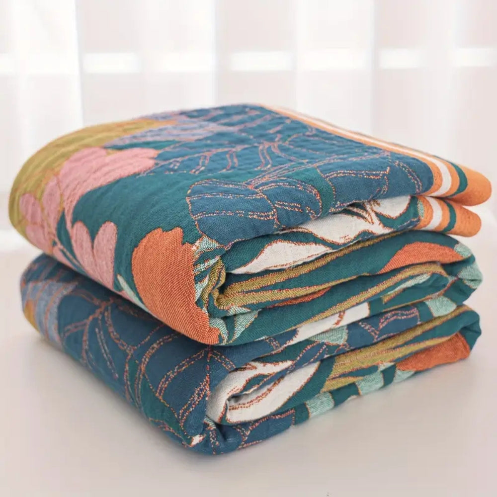 Botanical Weave: Breathable Cotton Blanket with Botanical Floral Pattern & Light Gauze Structure – for Sofa & Bedroom