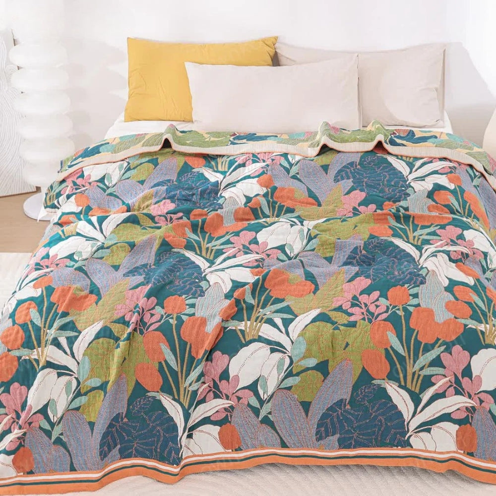Botanical Weave: Breathable Cotton Blanket with Botanical Floral Pattern & Light Gauze Structure – for Sofa & Bedroom