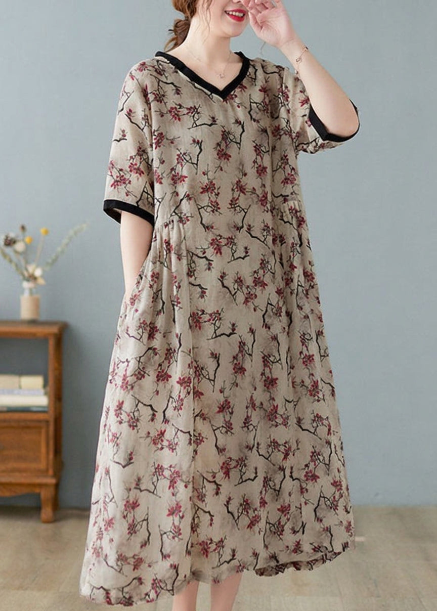 Effortless Maxi Dress for Women V-Neck Floral-Print Short-Sleeve