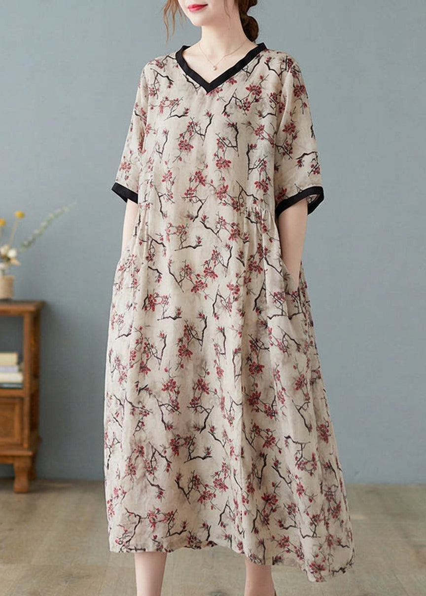 Effortless Maxi Dress for Women V-Neck Floral-Print Short-Sleeve