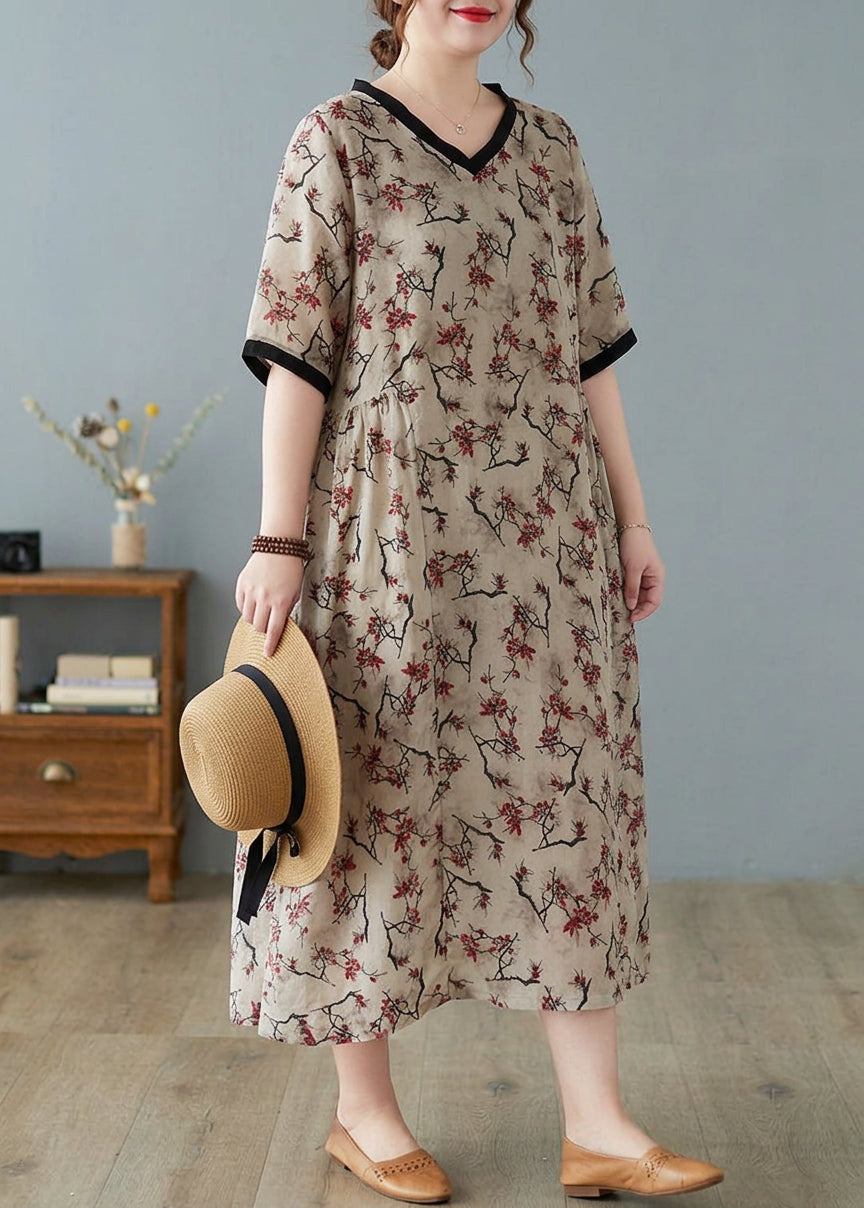 Effortless Maxi Dress for Women V-Neck Floral-Print Short-Sleeve