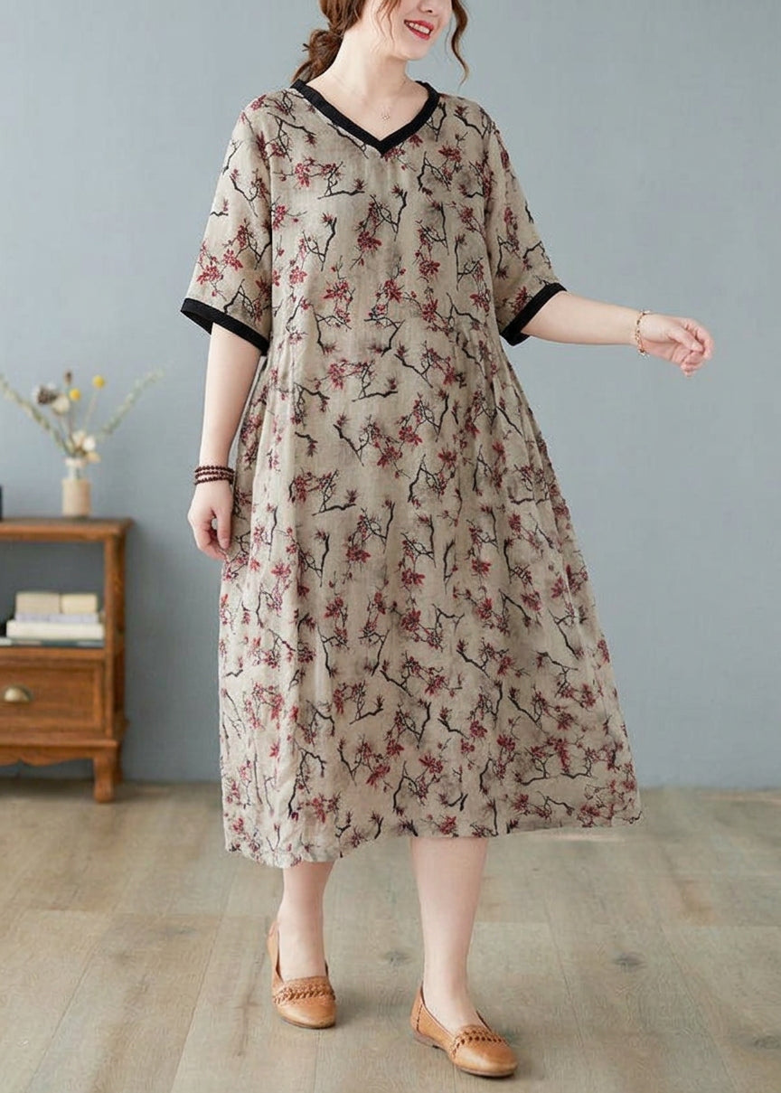 Effortless Maxi Dress for Women V-Neck Floral-Print Short-Sleeve