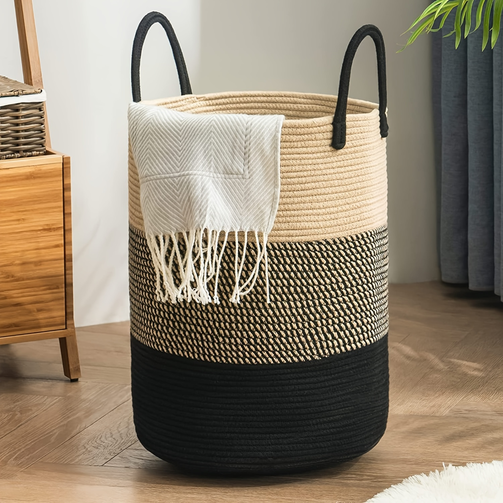 Braided Cotton Laundry Basket, 58L Capacity, Foldable Design, Dual Handles