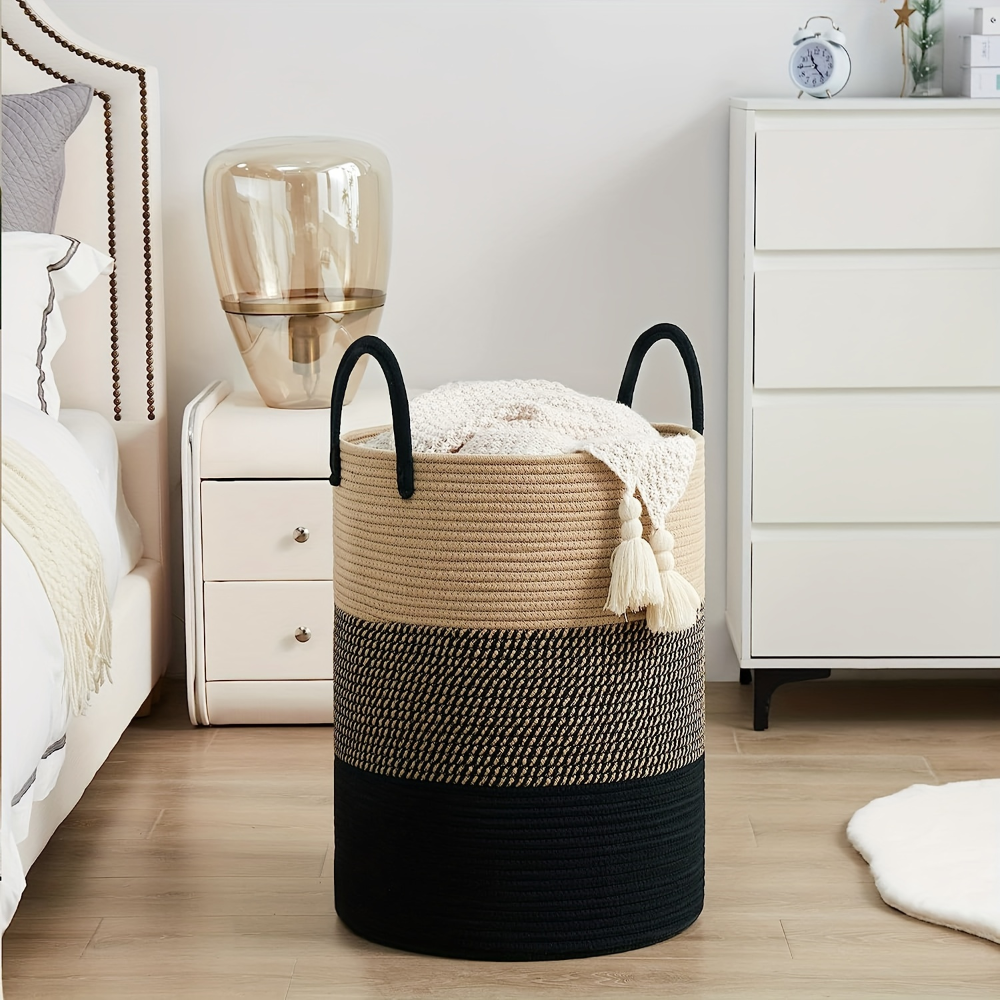 Braided Cotton Laundry Basket, 58L Capacity, Foldable Design, Dual Handles