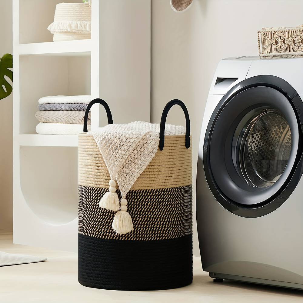 Braided Cotton Laundry Basket, 58L Capacity, Foldable Design, Dual Handles