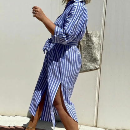 Effortless Shirt Dress for Women Striped Long-Sleeve Collared