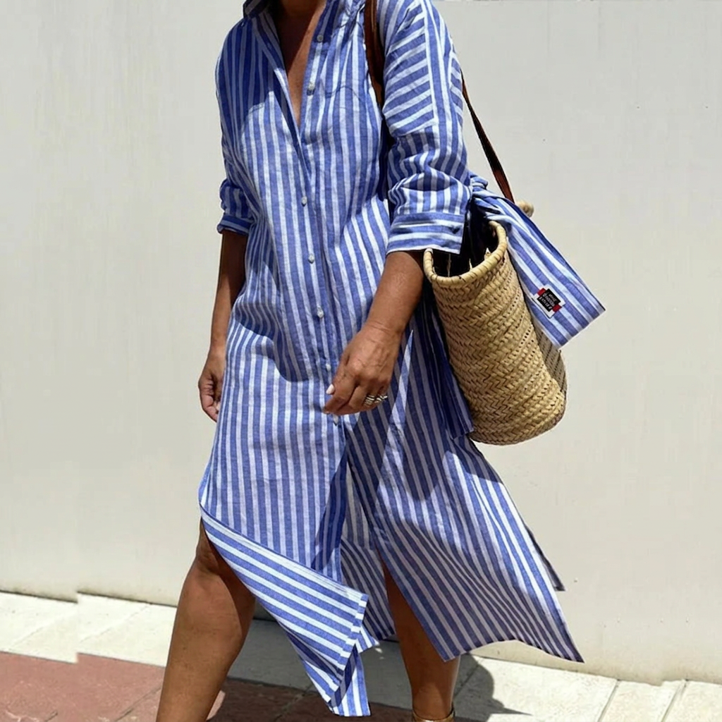 Effortless Shirt Dress for Women Striped Long-Sleeve Collared