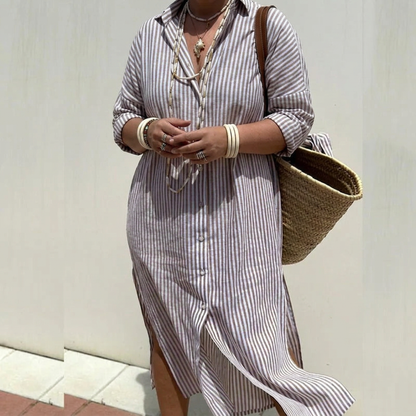 Effortless Shirt Dress for Women Striped Long-Sleeve Collared