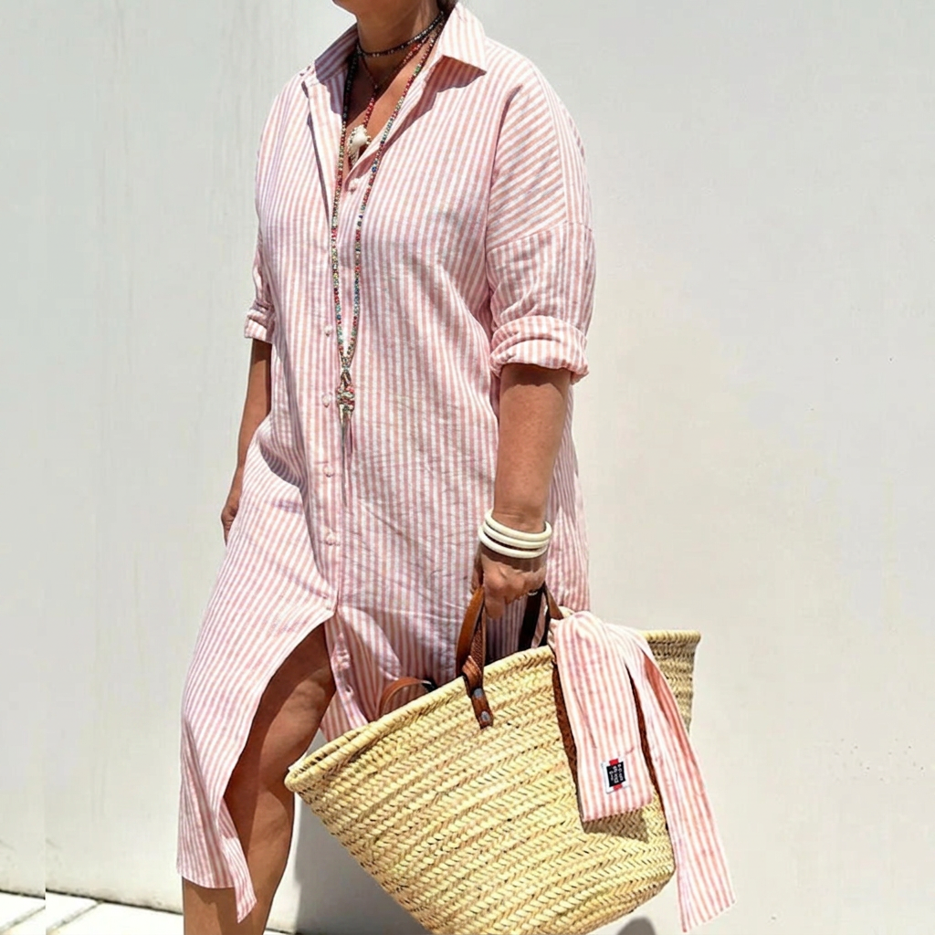 Effortless Shirt Dress for Women Striped Long-Sleeve Collared