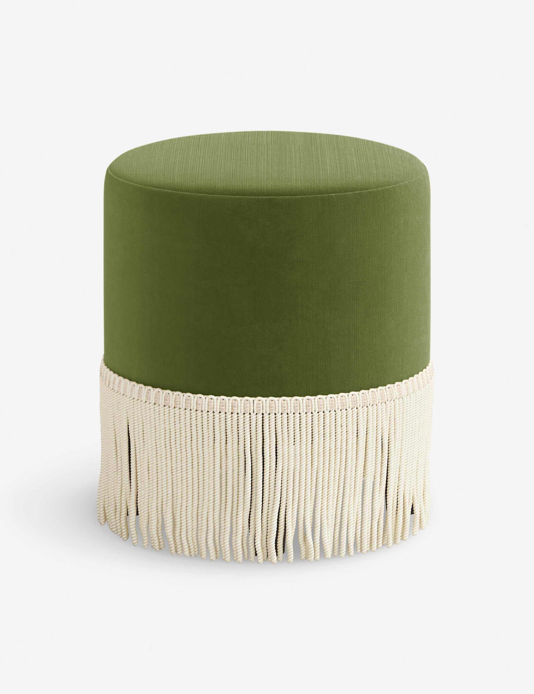 Aura Round Ottoman | Fringe Trim, Custom Upholstery