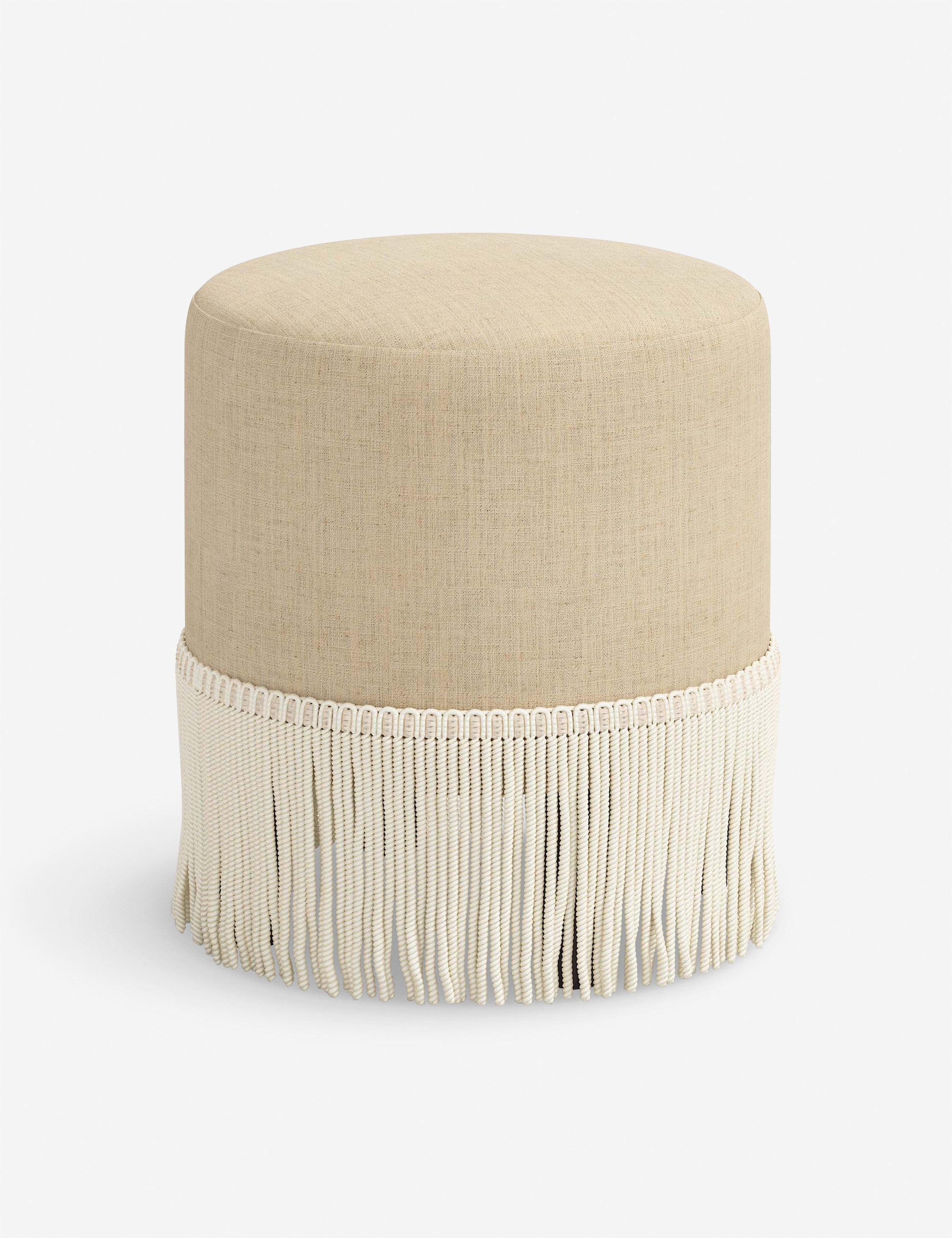 Aura Round Ottoman | Fringe Trim, Custom Upholstery