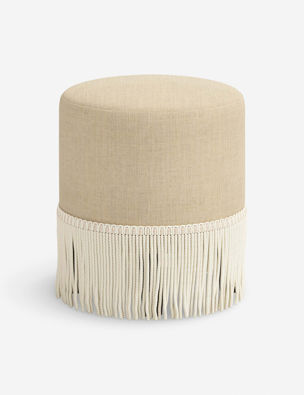 Aura Round Ottoman | Fringe Trim, Custom Upholstery