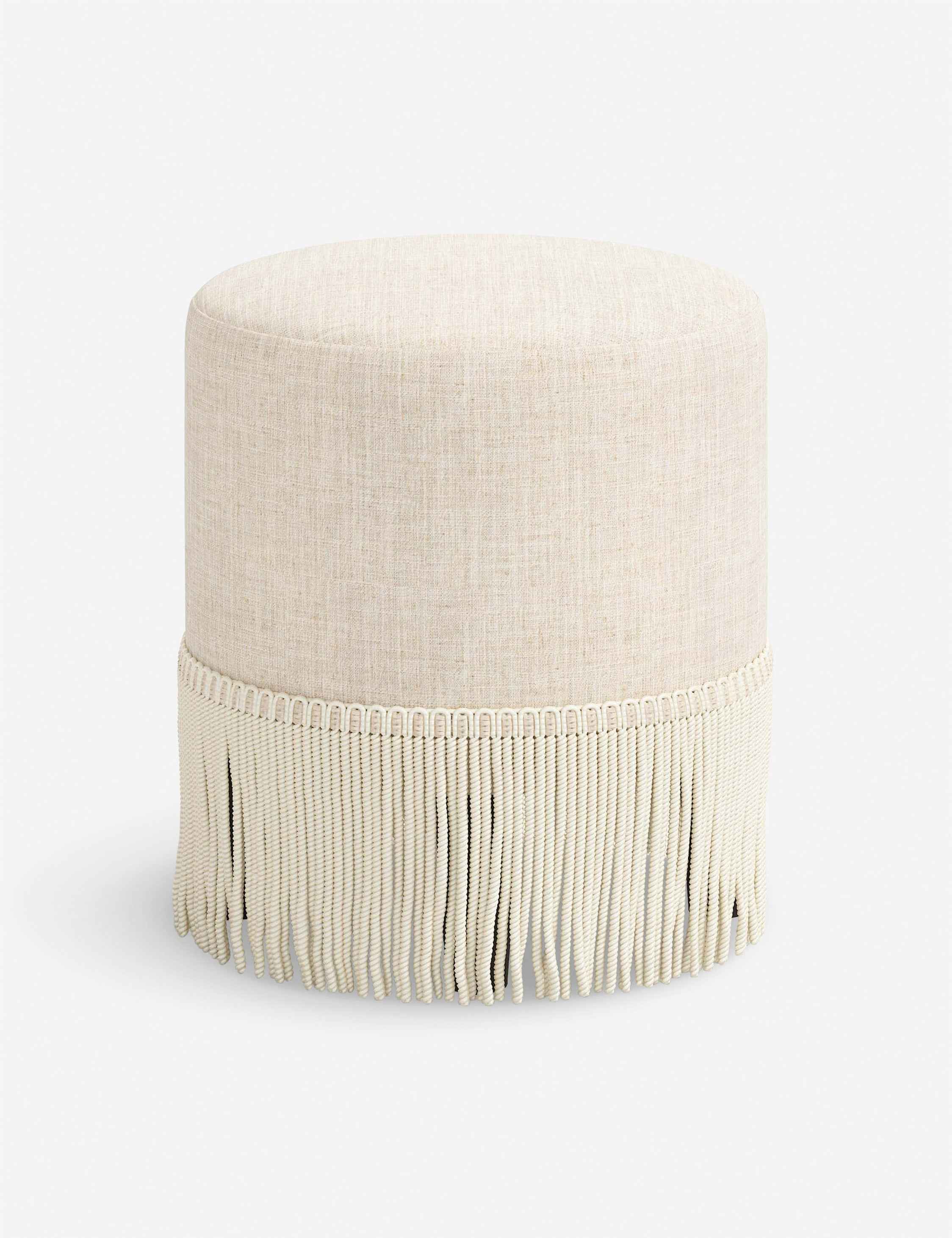 Aura Round Ottoman | Fringe Trim, Custom Upholstery