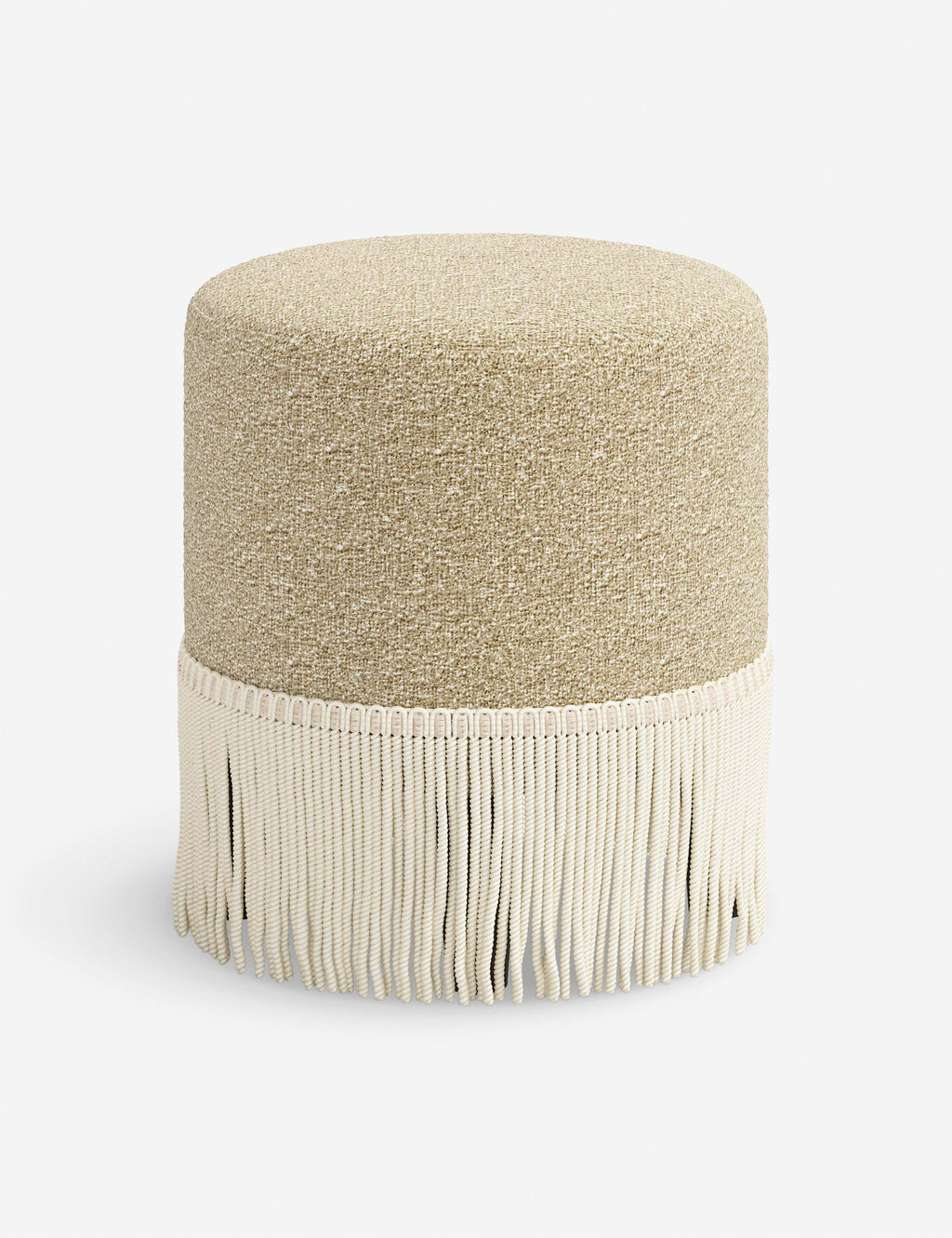 Aura Round Ottoman | Fringe Trim, Custom Upholstery