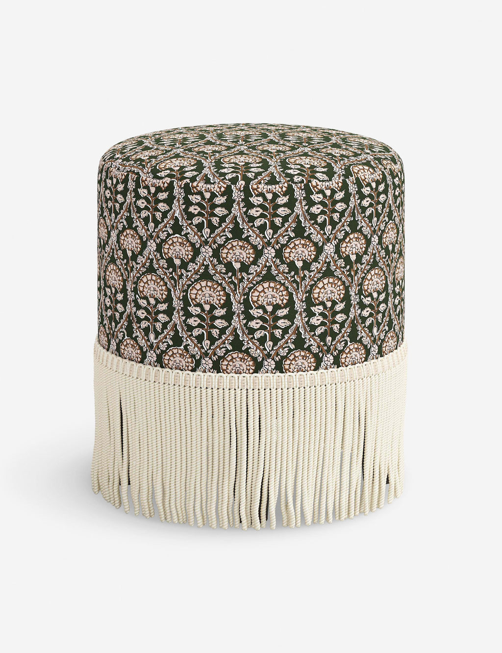 Aura Round Ottoman | Fringe Trim, Custom Upholstery