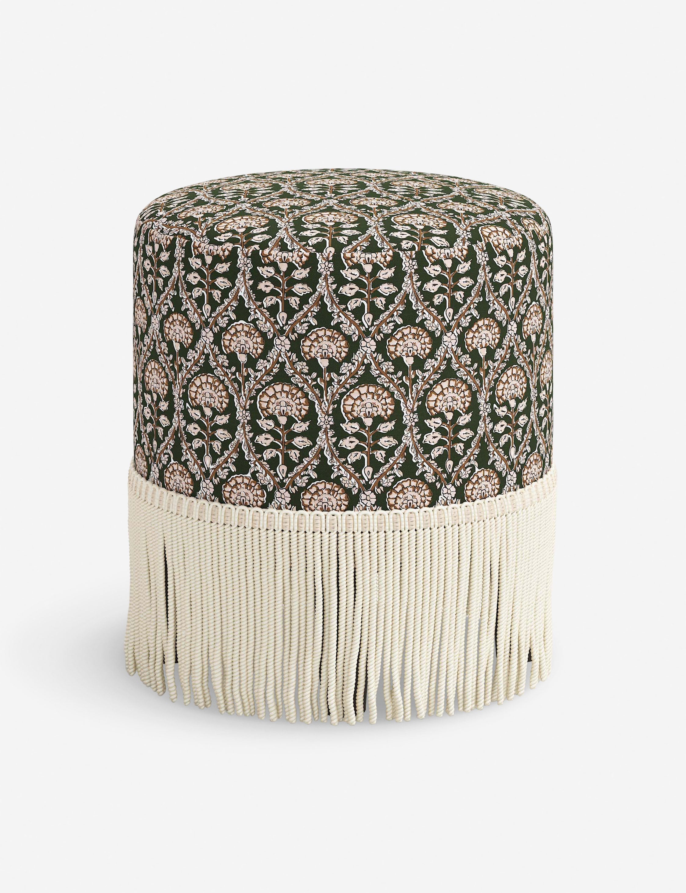 Aura Round Ottoman | Fringe Trim, Custom Upholstery