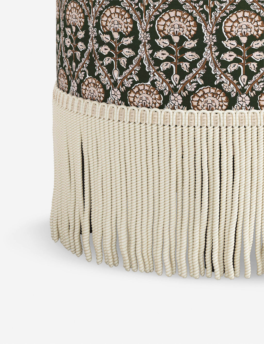 Aura Round Ottoman | Fringe Trim, Custom Upholstery