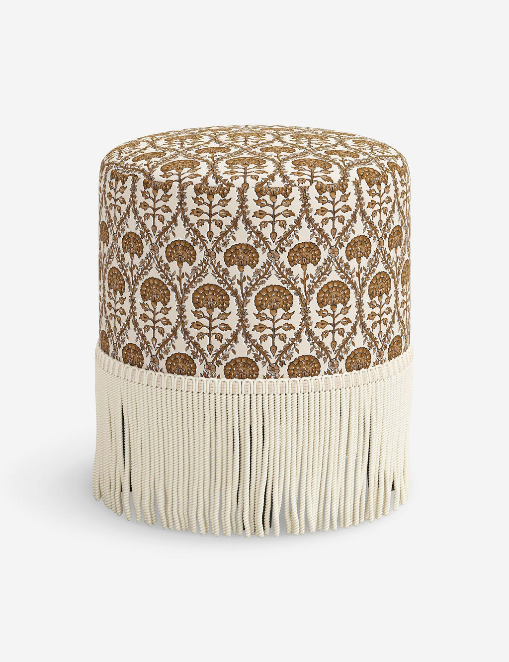 Aura Round Ottoman | Fringe Trim, Custom Upholstery