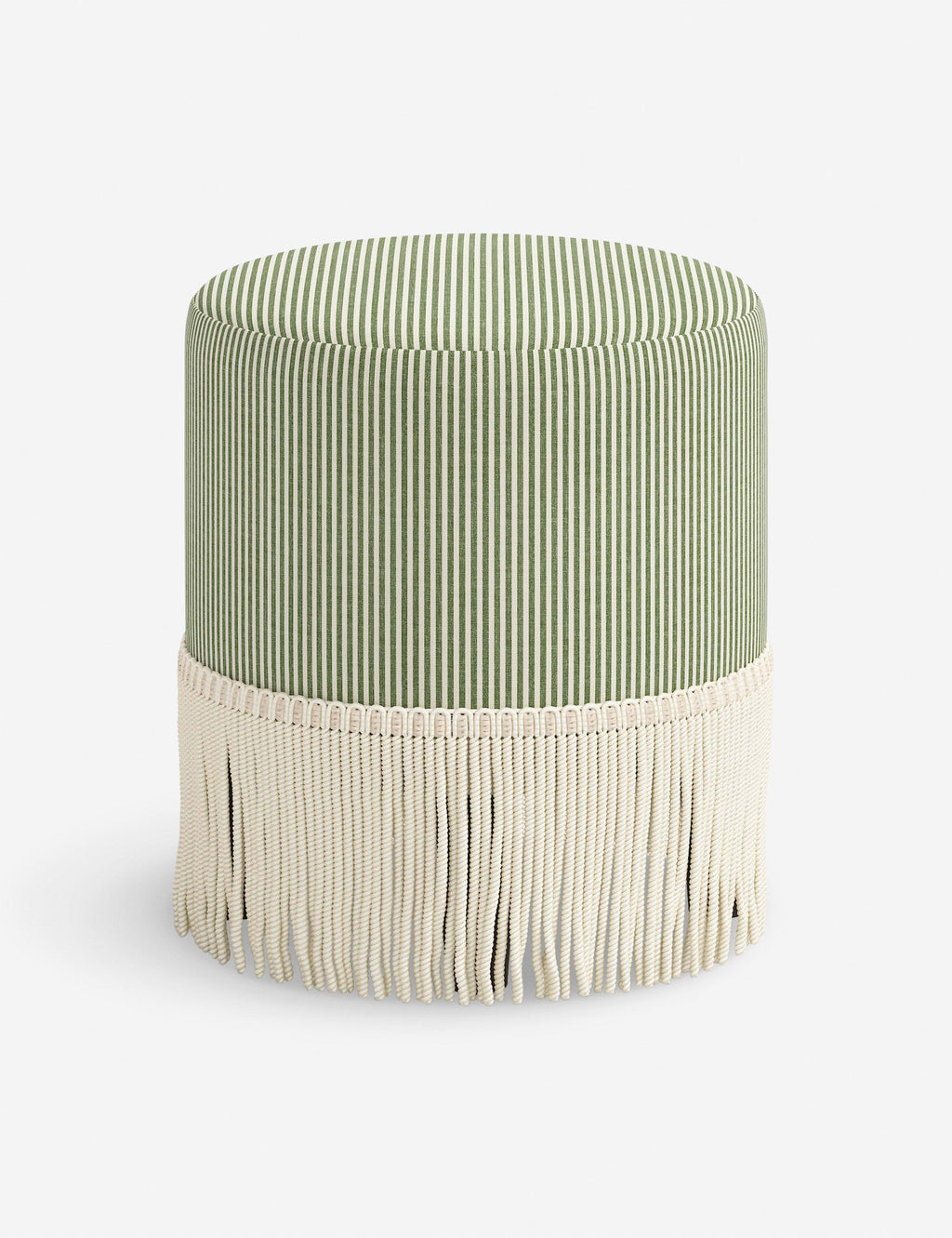 Aura Round Ottoman | Fringe Trim, Custom Upholstery