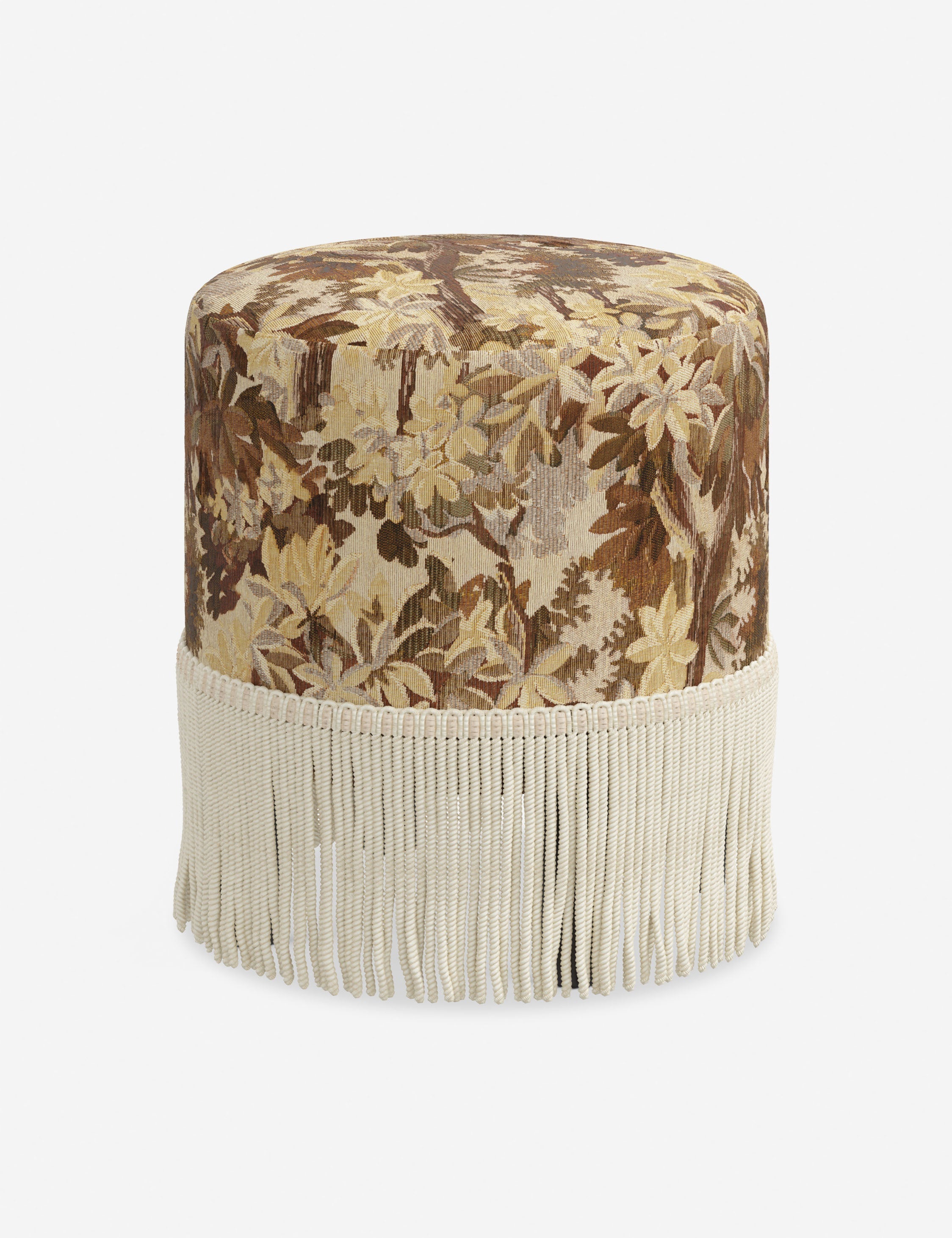 Aura Round Ottoman | Fringe Trim, Custom Upholstery