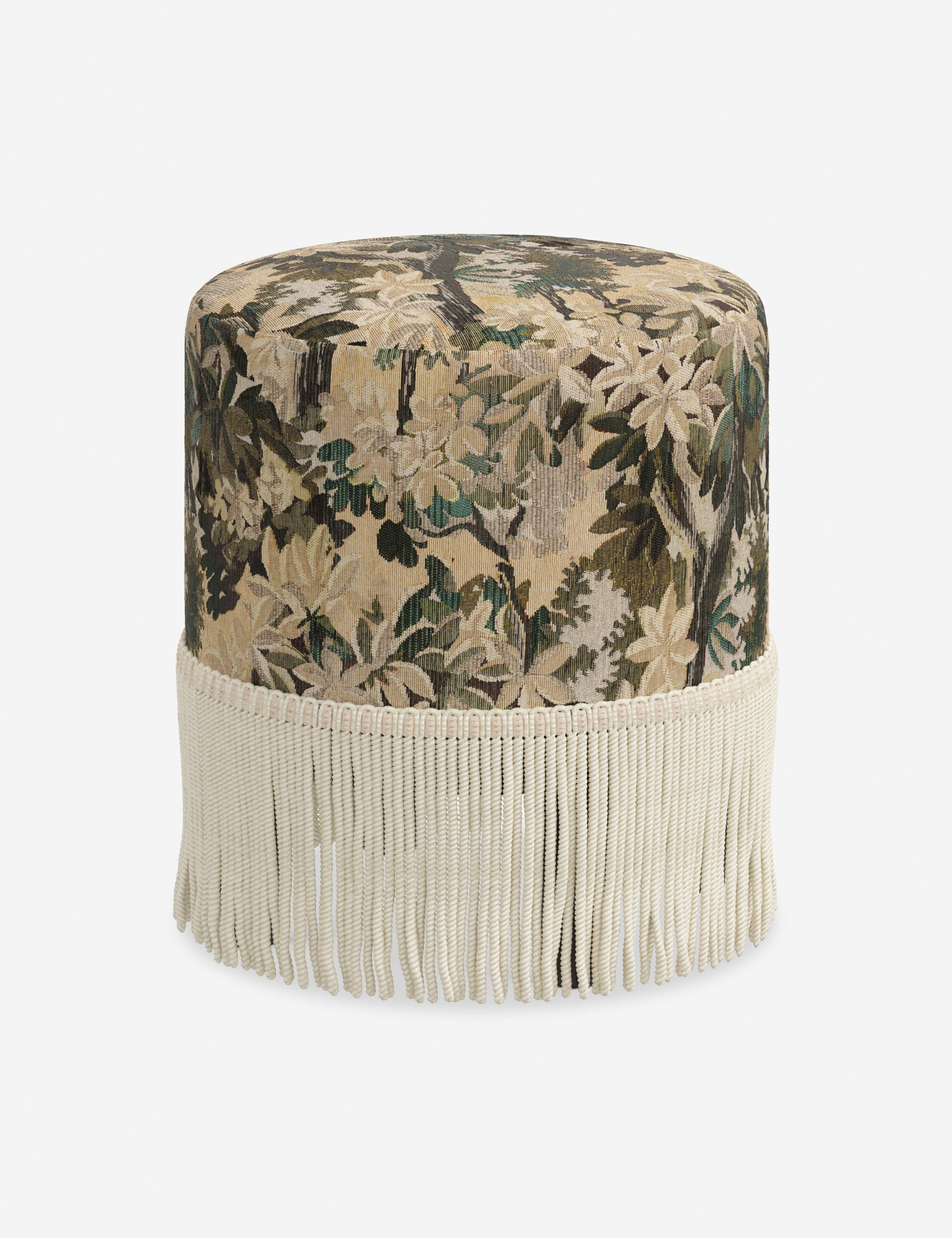Aura Round Ottoman | Fringe Trim, Custom Upholstery