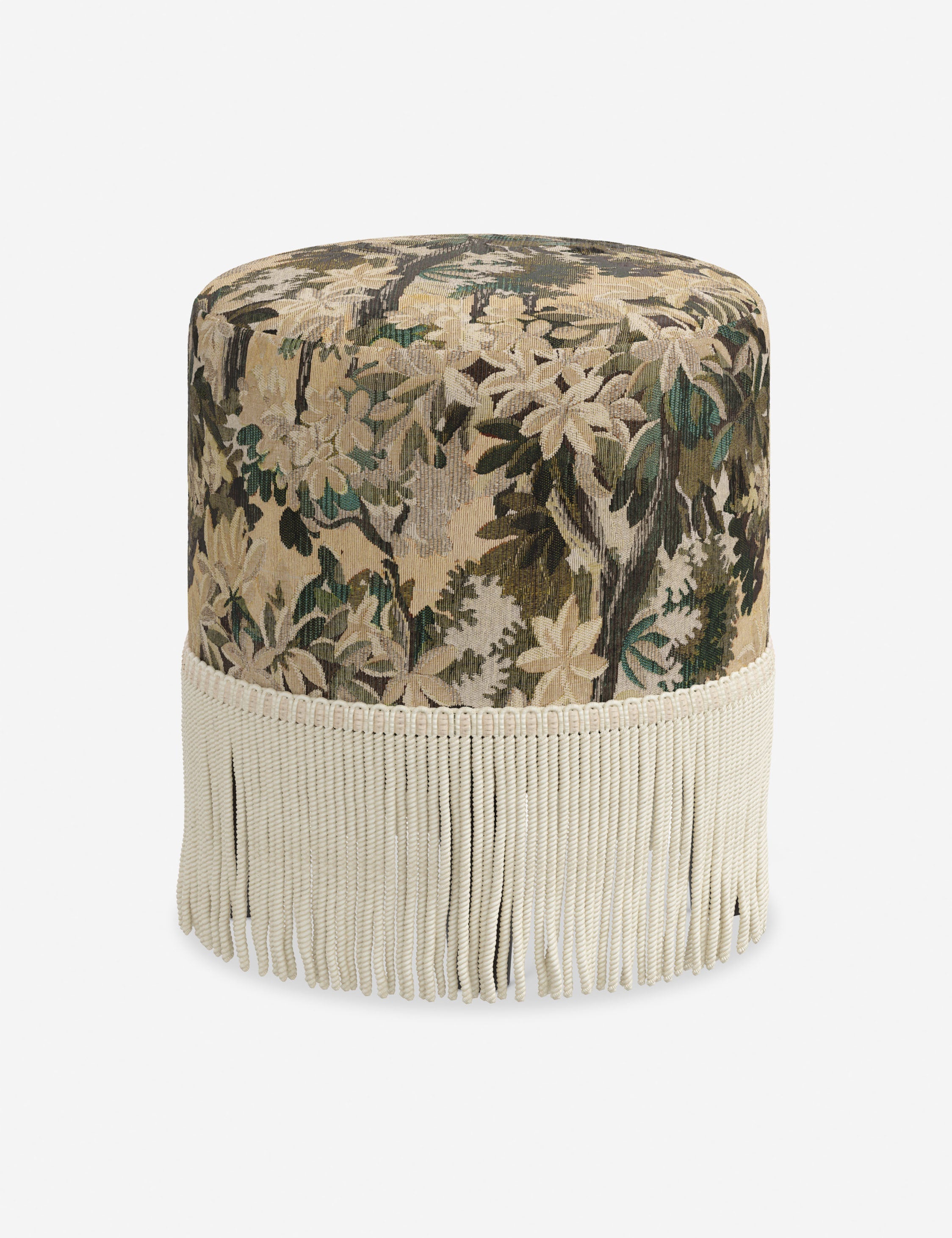 Aura Round Ottoman | Fringe Trim, Custom Upholstery