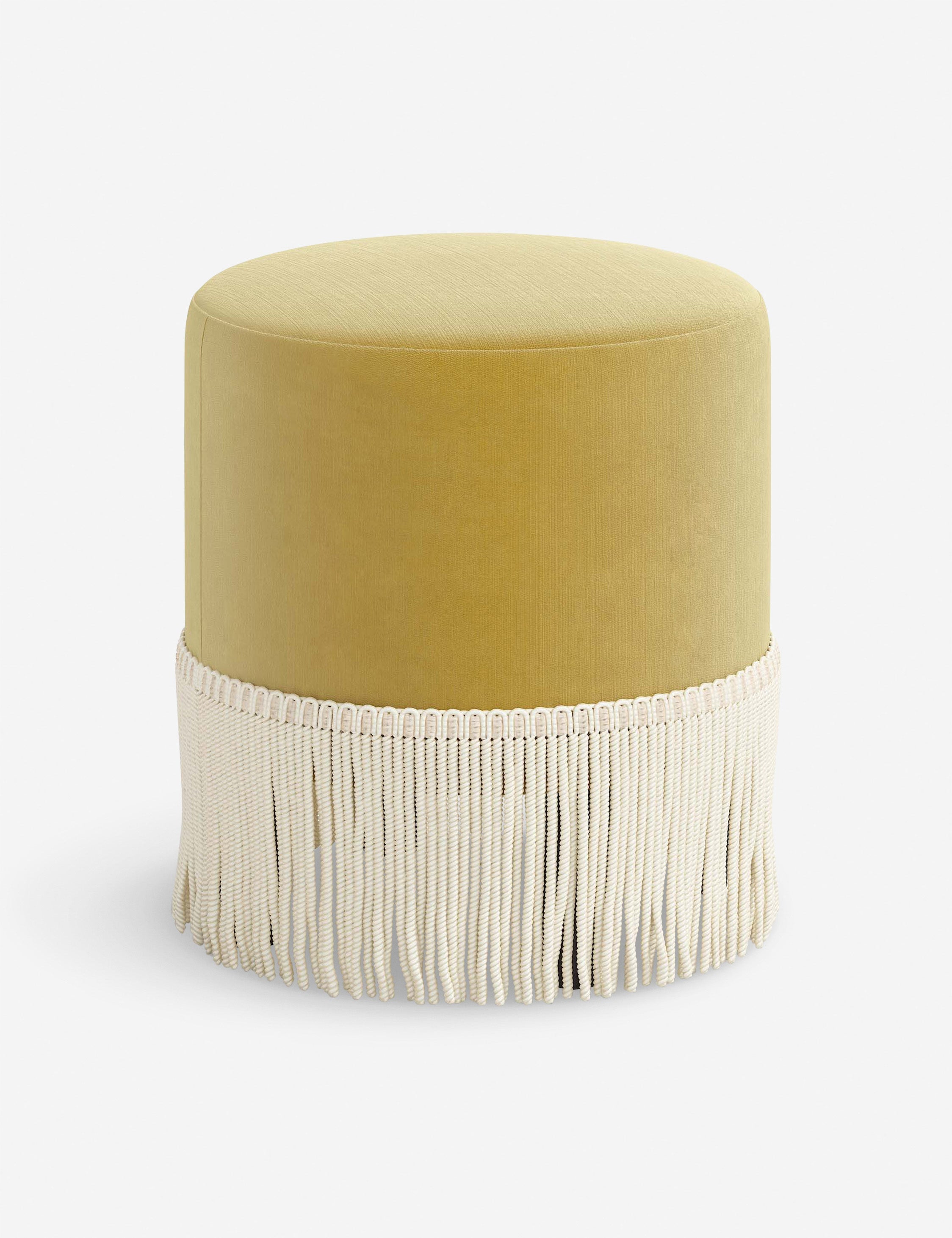 Aura Round Ottoman | Fringe Trim, Custom Upholstery
