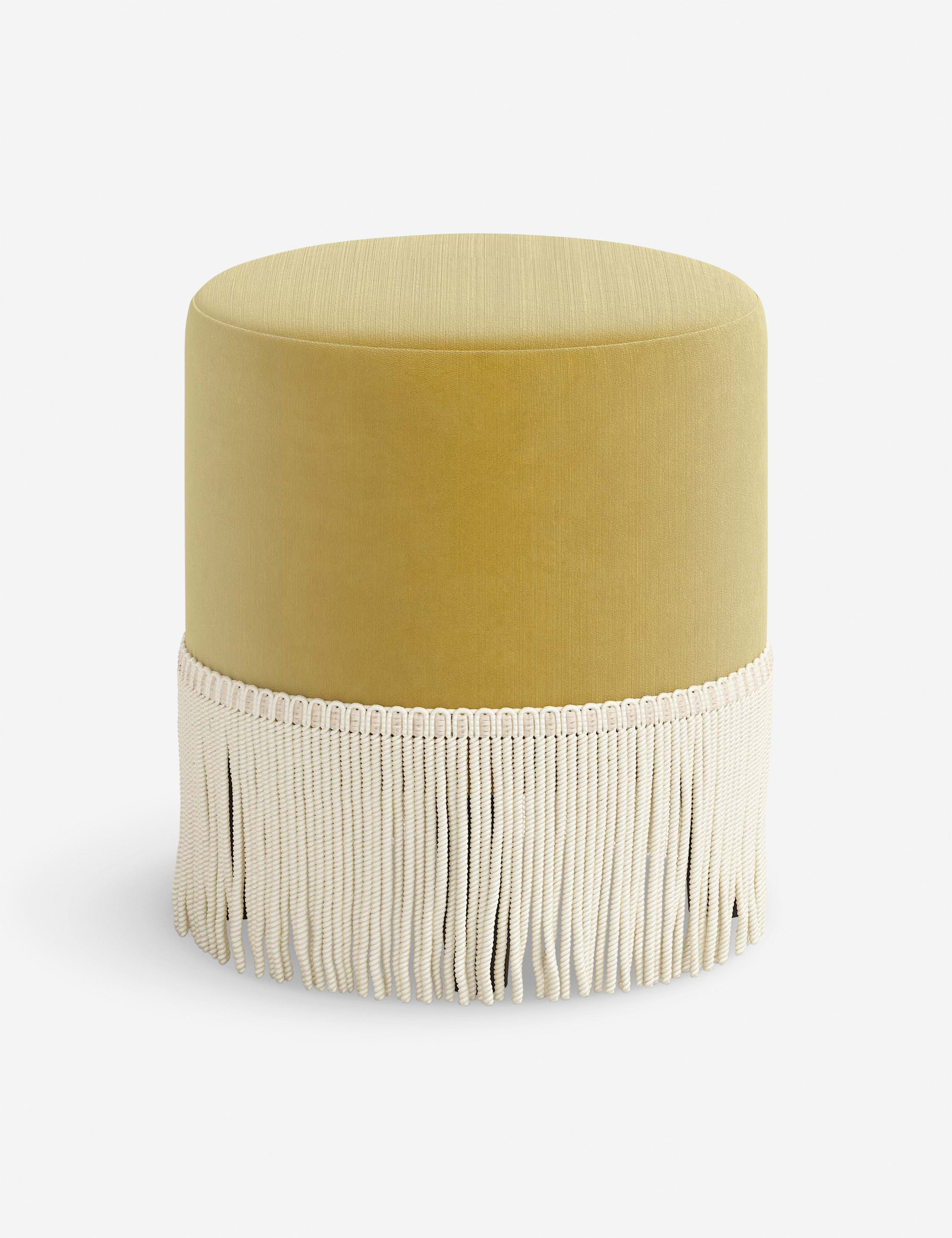 Aura Round Ottoman | Fringe Trim, Custom Upholstery