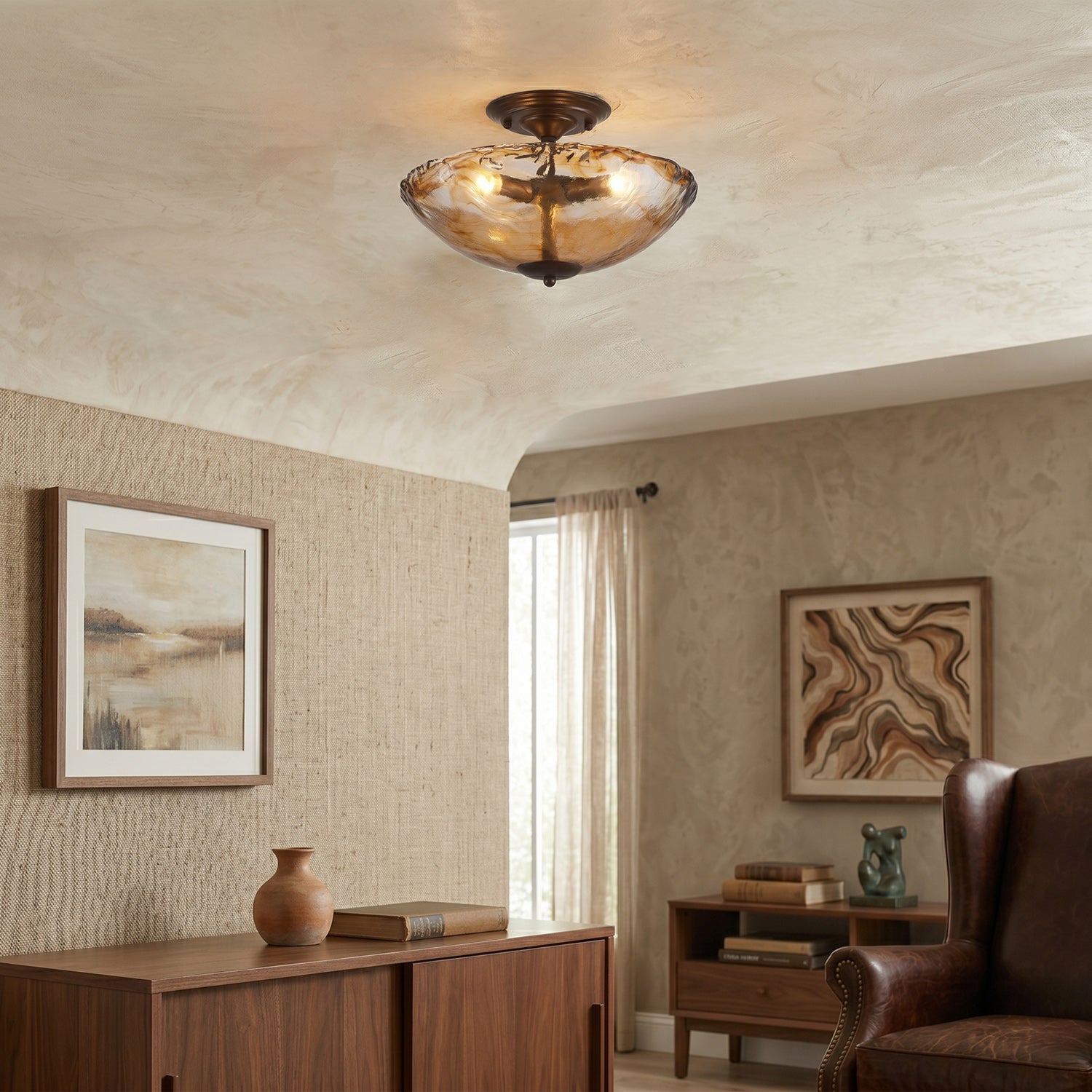 Cambria Amber Art-Glass Semi-Flush Ceiling Light