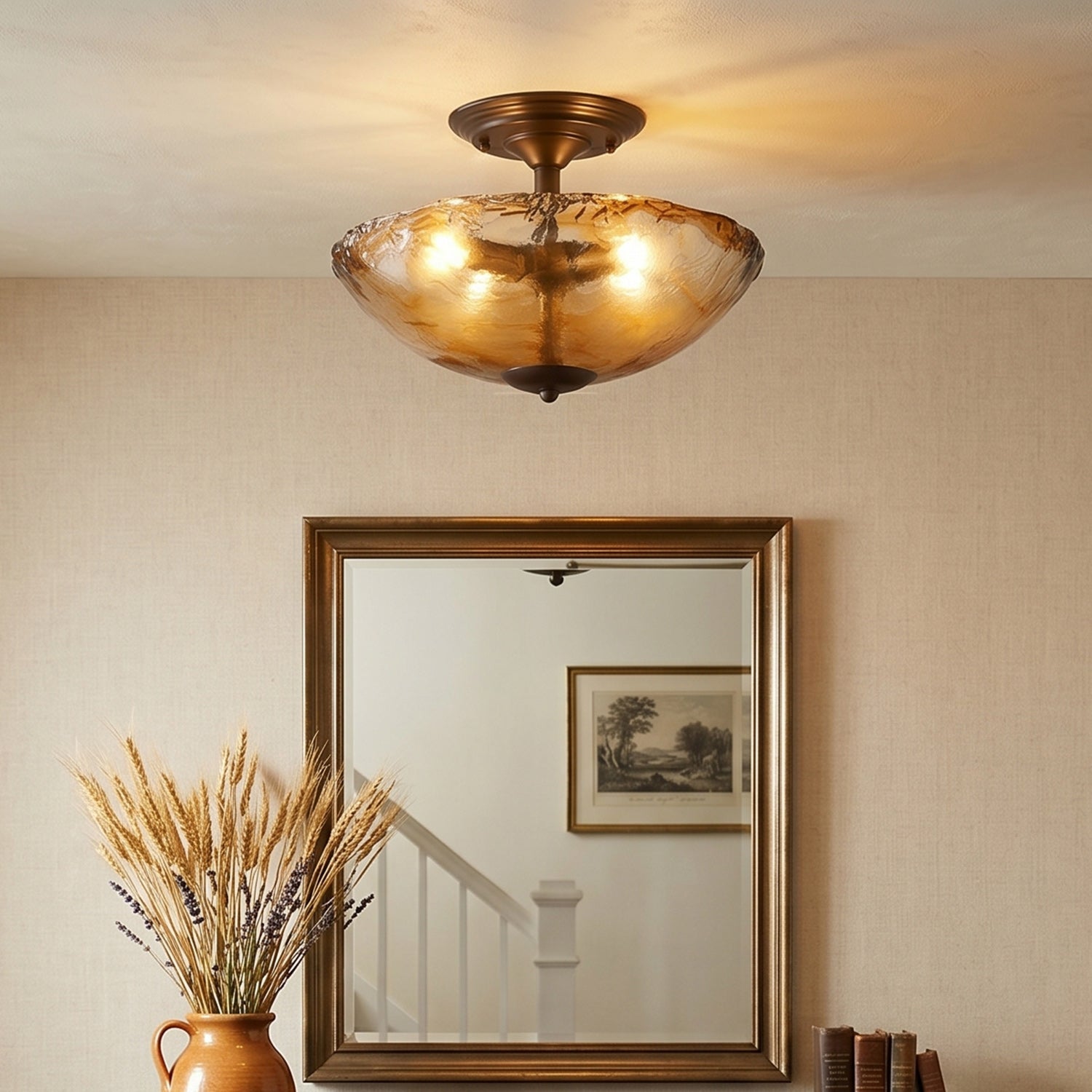 Cambria Amber Art-Glass Semi-Flush Ceiling Light