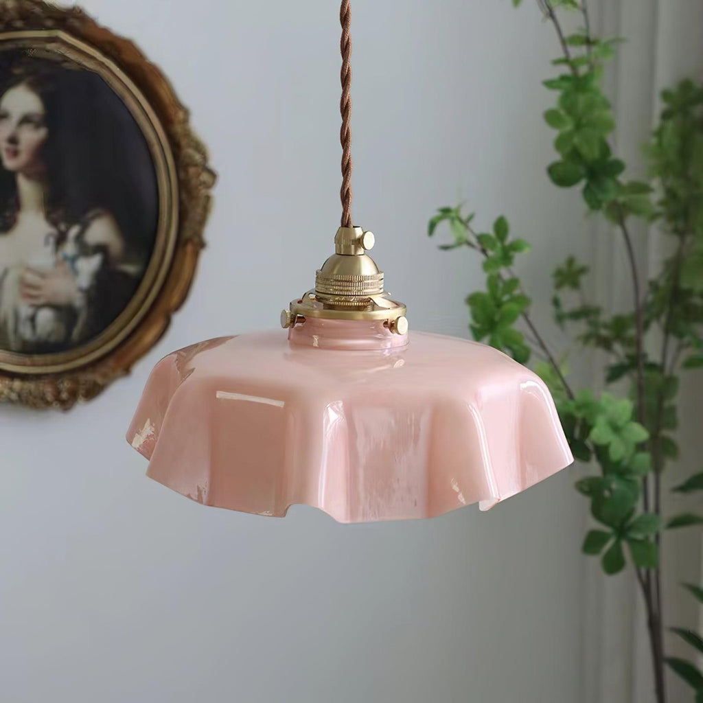 French Ruffled Glass Brass Pendant Light 1-Light