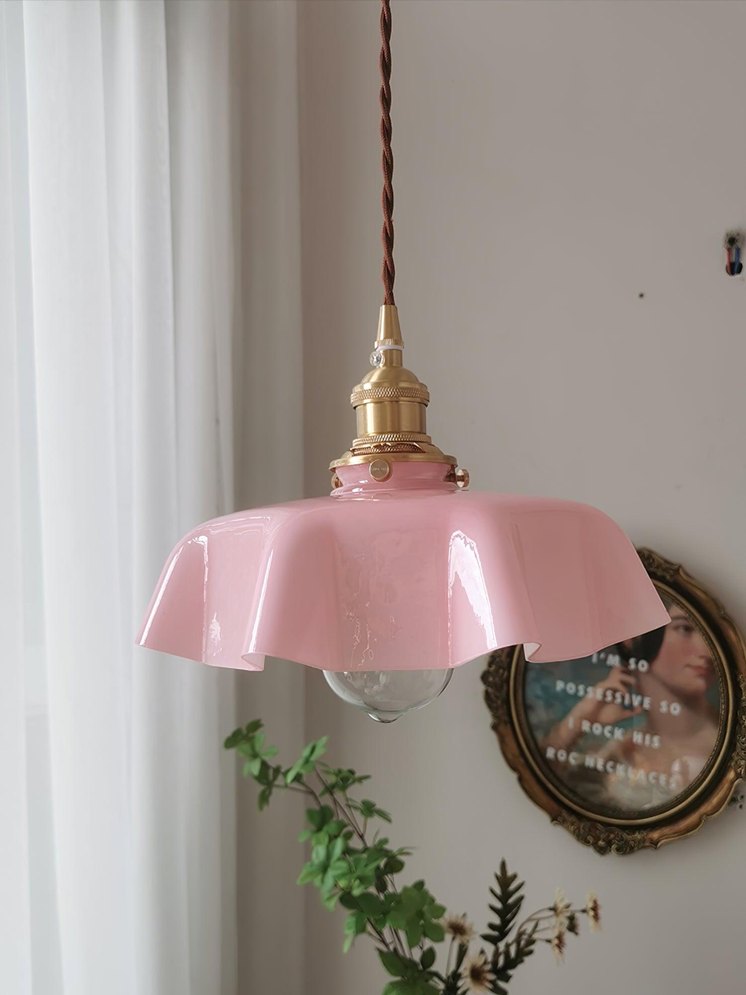 French Ruffled Glass Brass Pendant Light 1-Light