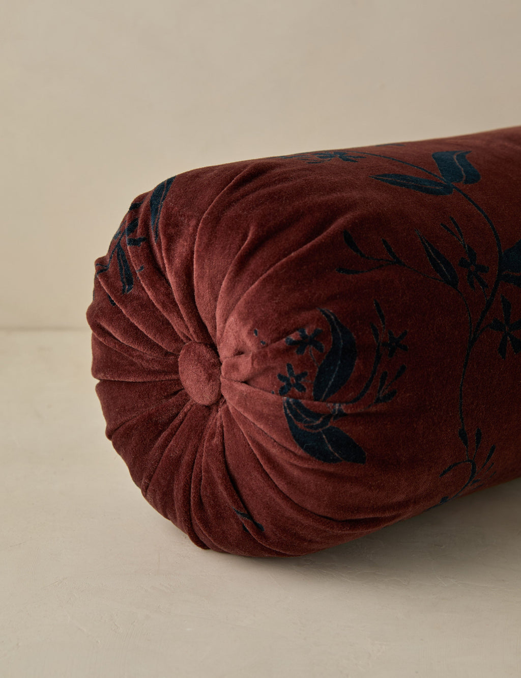 Carmine Velvet Bolster Pillow | Dark Floral Print on Rich Red Velvet