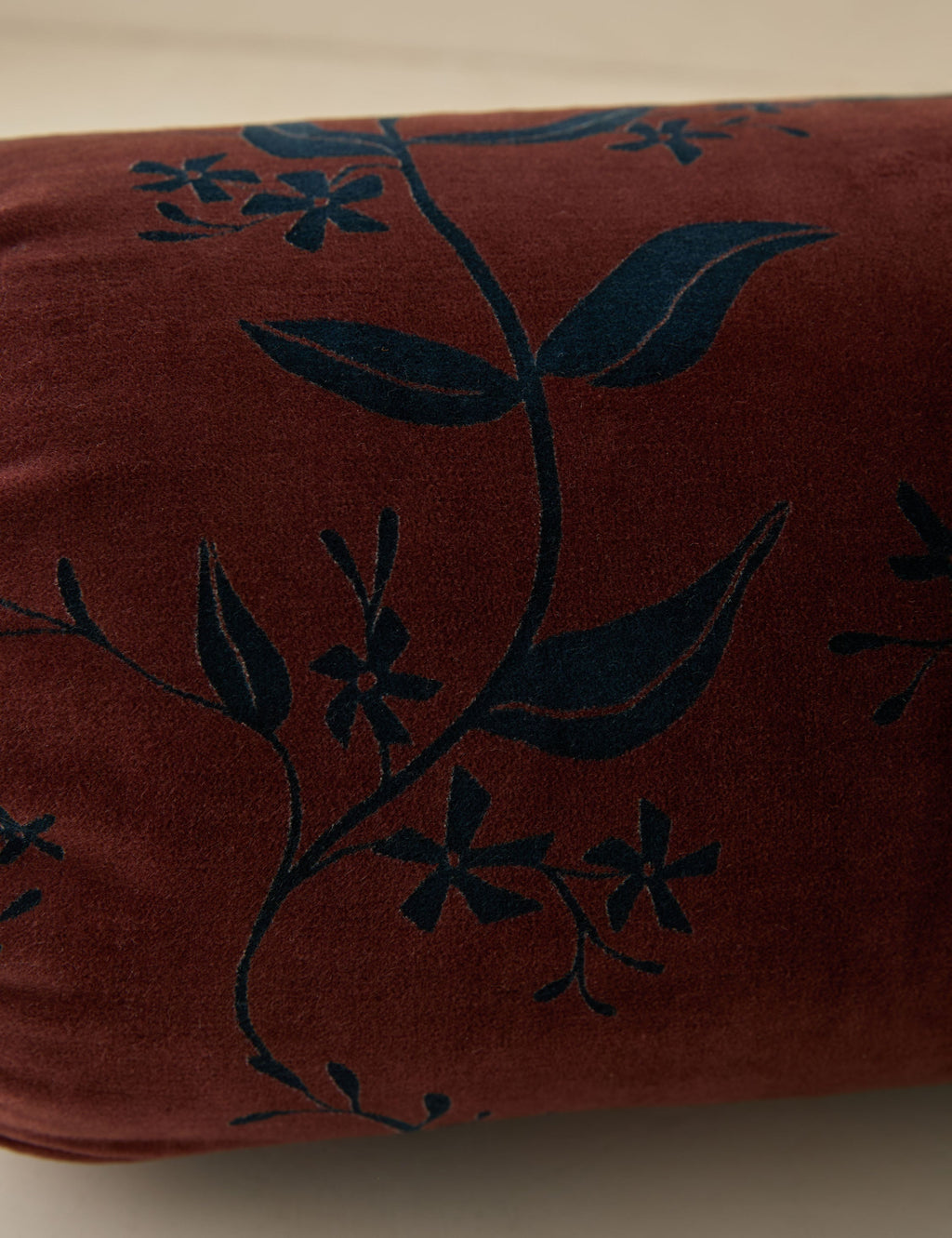 Carmine Velvet Bolster Pillow | Dark Floral Print on Rich Red Velvet