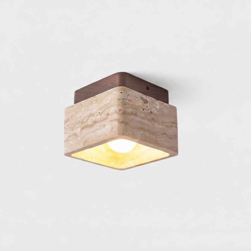 Karo Plafond- of Wandlamp | Travertin & Houten Basis, Compact Design
