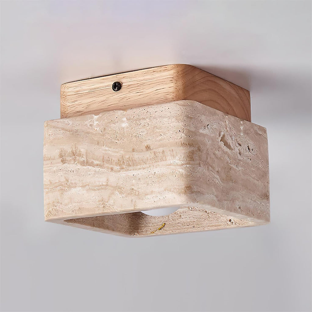 Karo Plafond- of Wandlamp | Travertin & Houten Basis, Compact Design