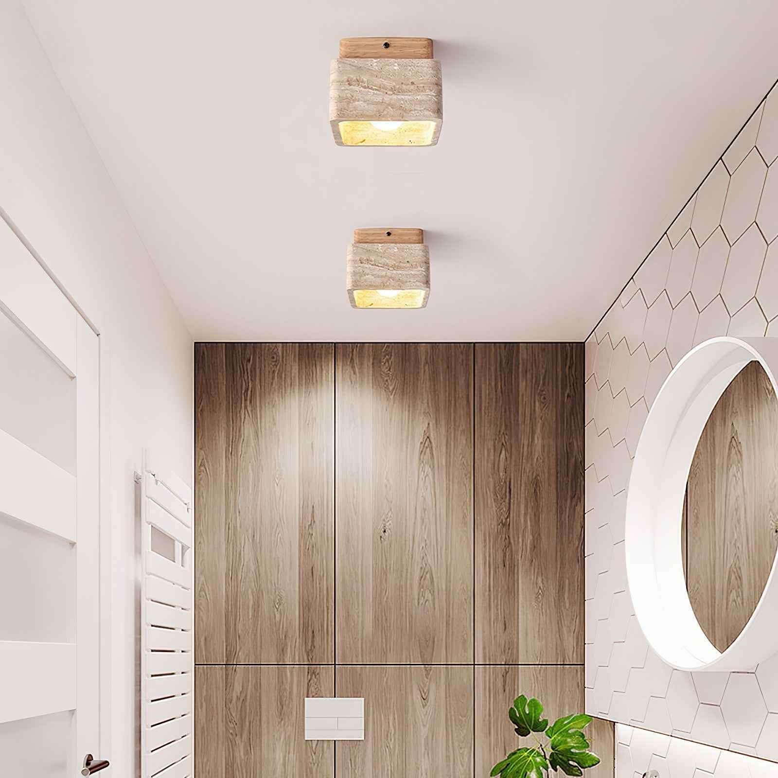 Karo Plafond- of Wandlamp | Travertin & Houten Basis, Compact Design