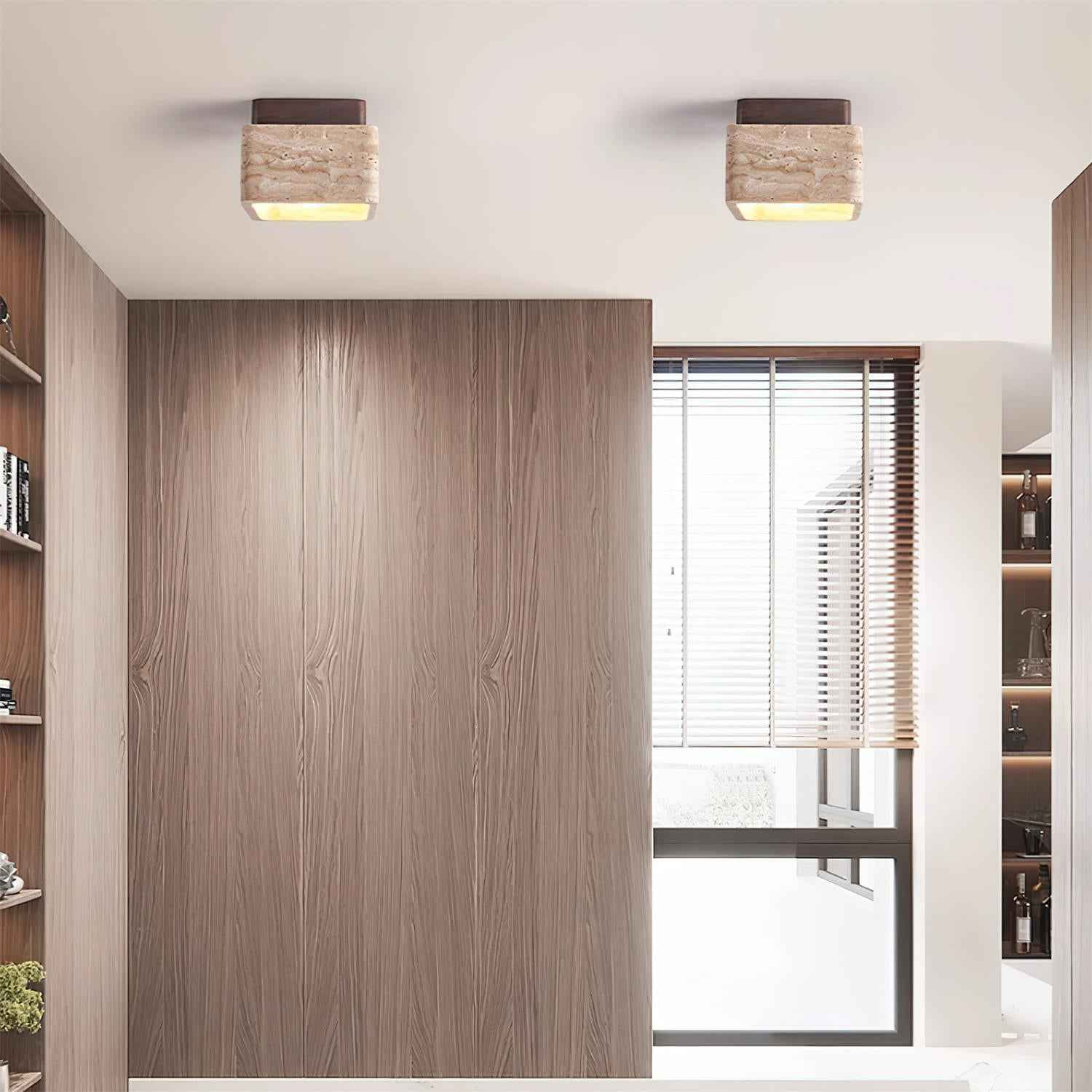 Karo Plafond- of Wandlamp | Travertin & Houten Basis, Compact Design
