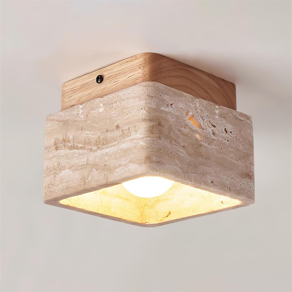 Karo Plafond- of Wandlamp | Travertin & Houten Basis, Compact Design