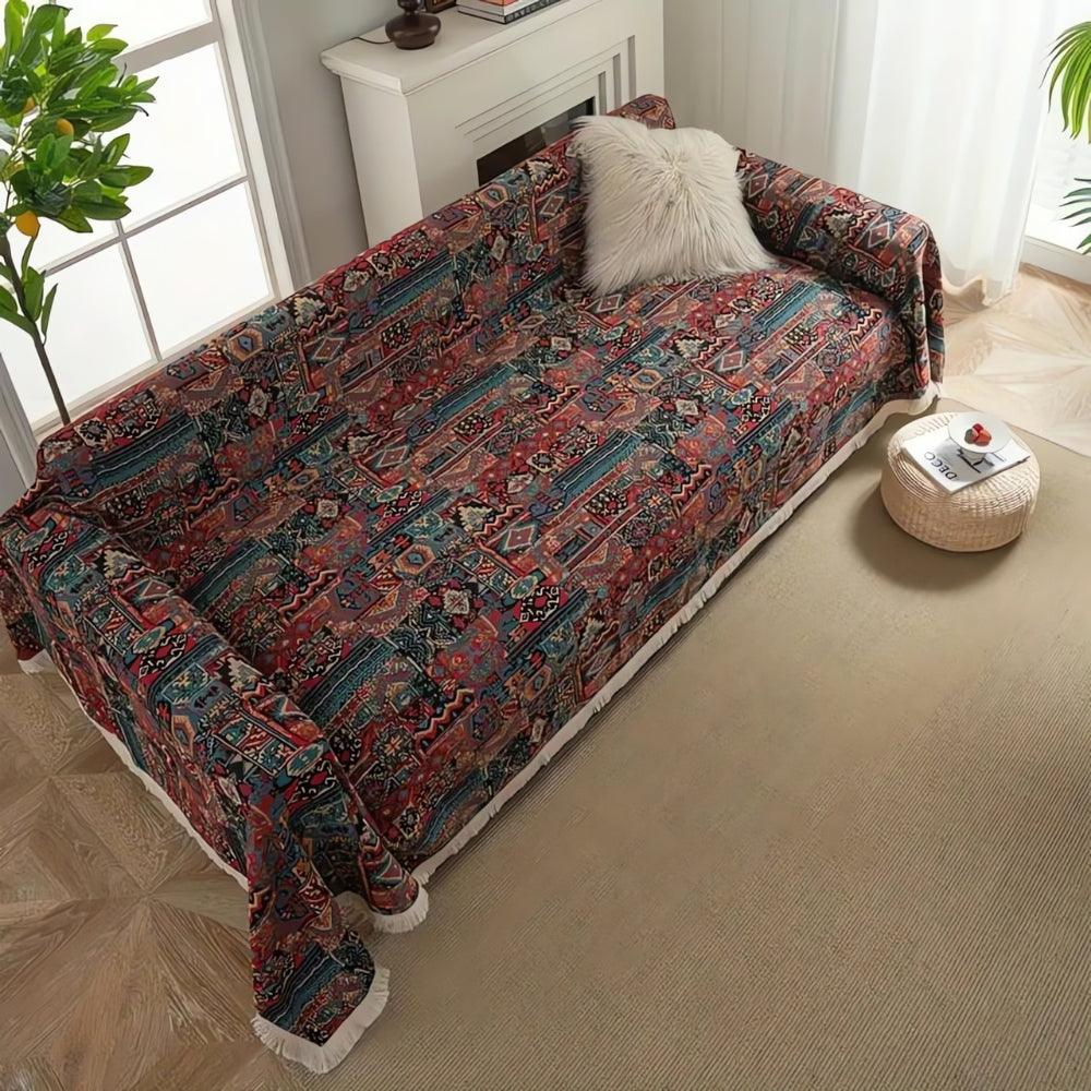 Casablanca: Boho-Style Sofa Throw with Geometric Pattern & Decorative Tassels – for Living Room & Couch