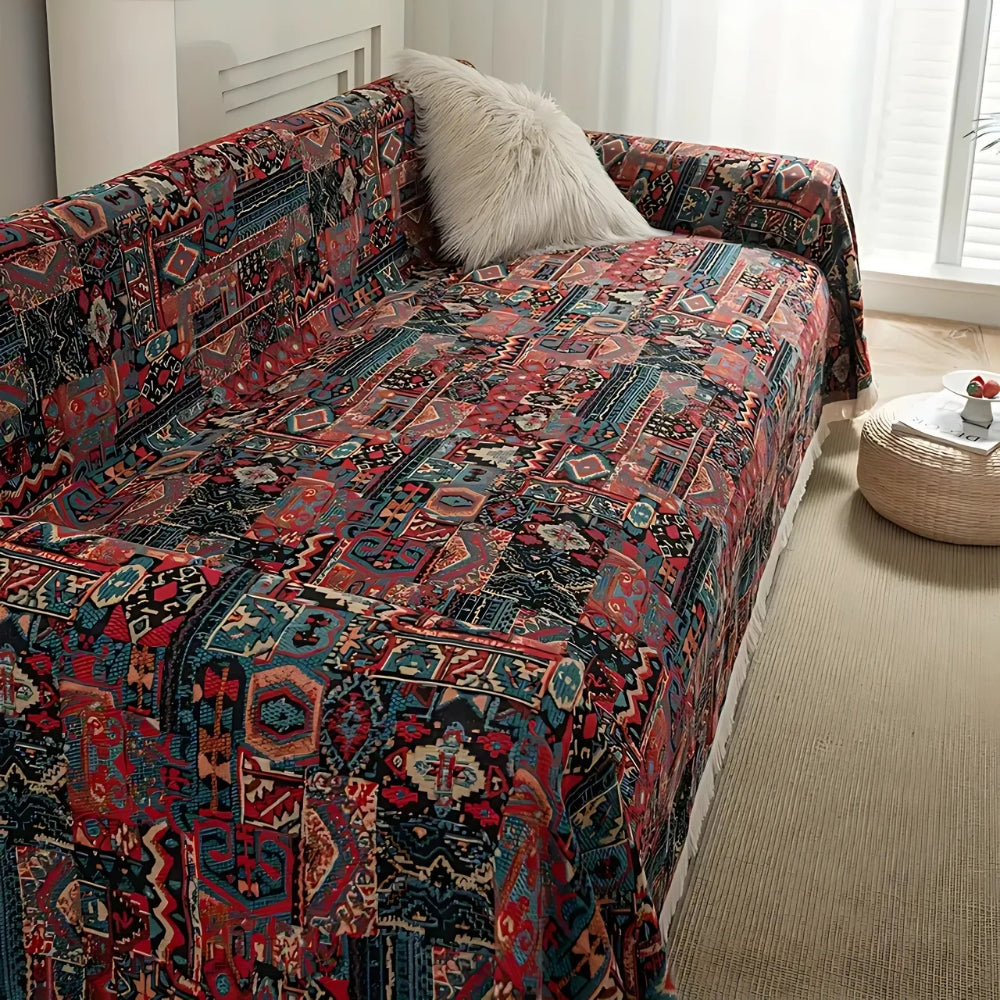 Casablanca: Boho-Style Sofa Throw with Geometric Pattern & Decorative Tassels – for Living Room & Couch