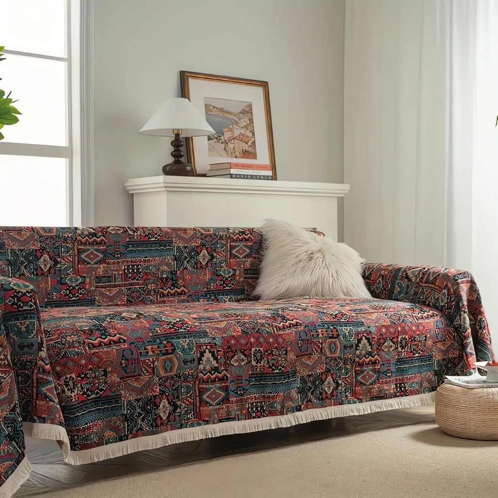 Casablanca: Boho-Style Sofa Throw with Geometric Pattern & Decorative Tassels – for Living Room & Couch