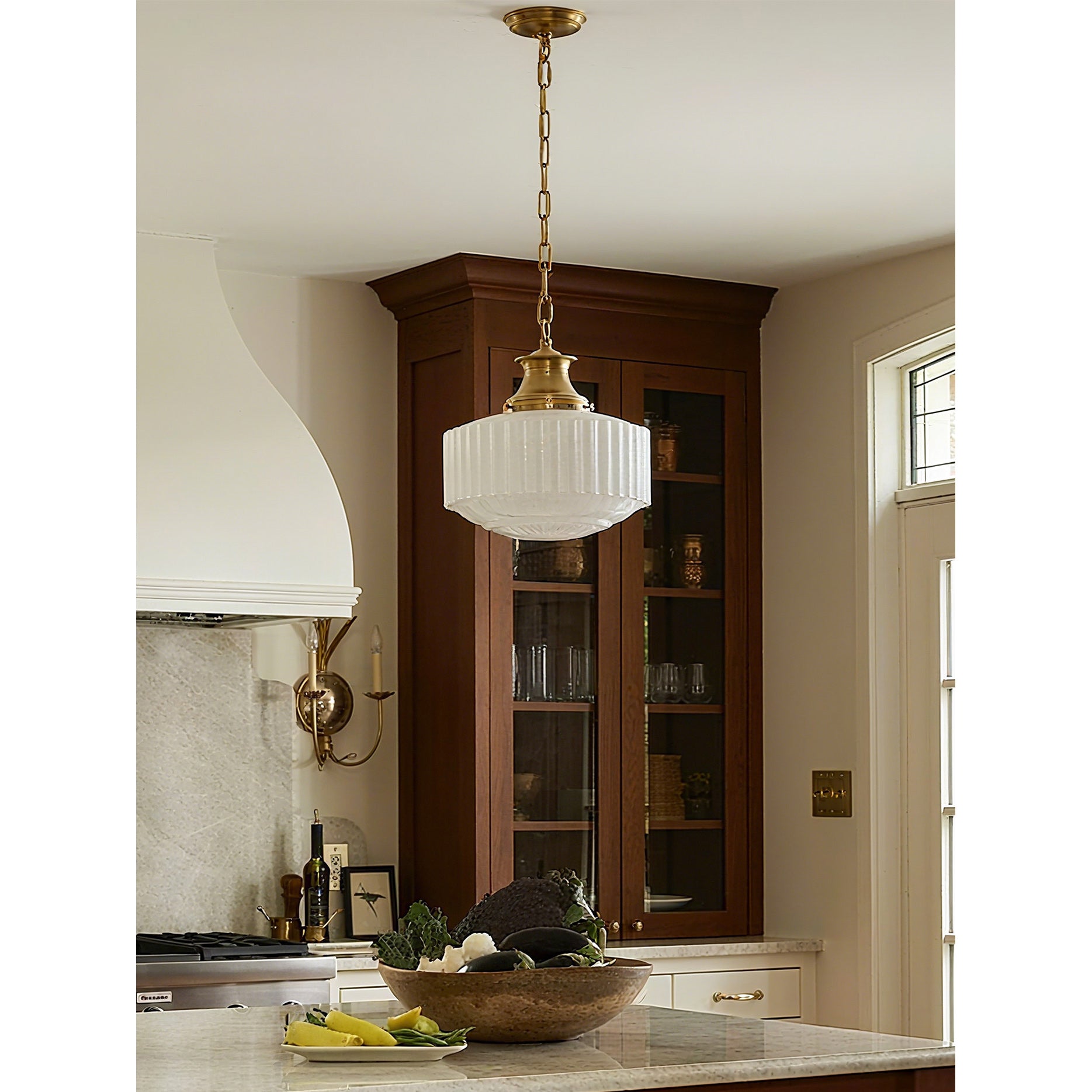 Cassian Fluted Opal Glass Drum Pendant with Brass Chain