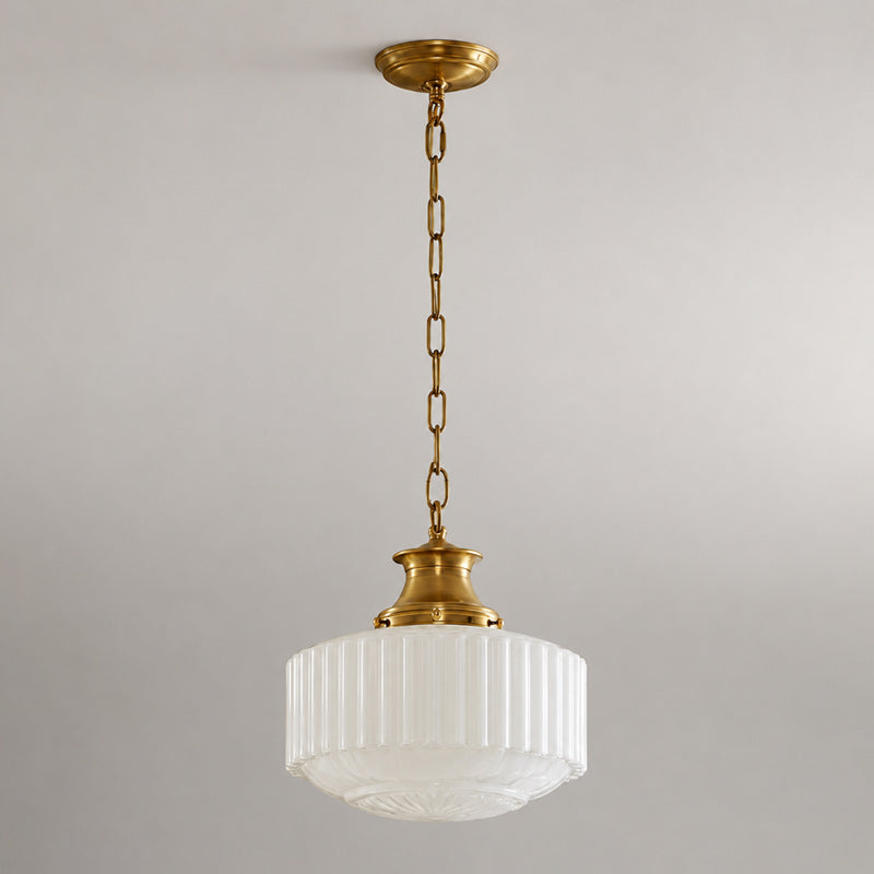 Cassian Fluted Opal Glass Drum Pendant with Brass Chain