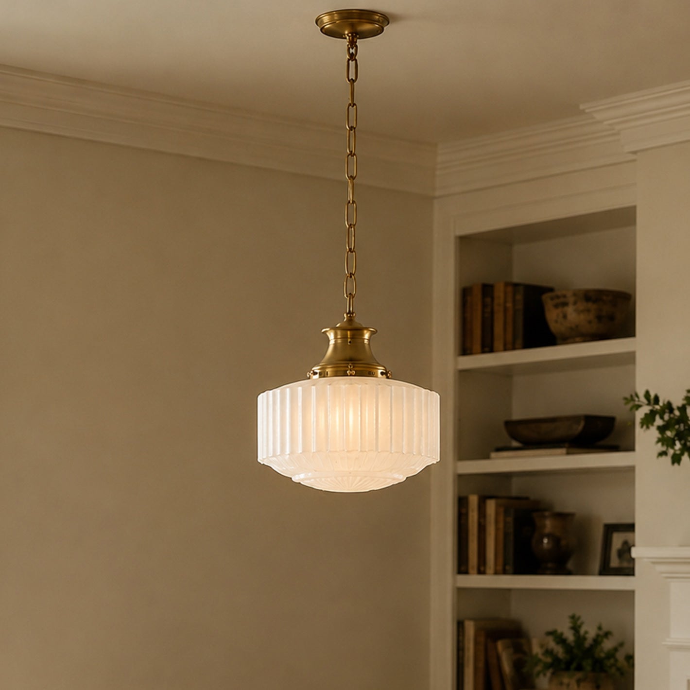 Cassian Fluted Opal Glass Drum Pendant with Brass Chain