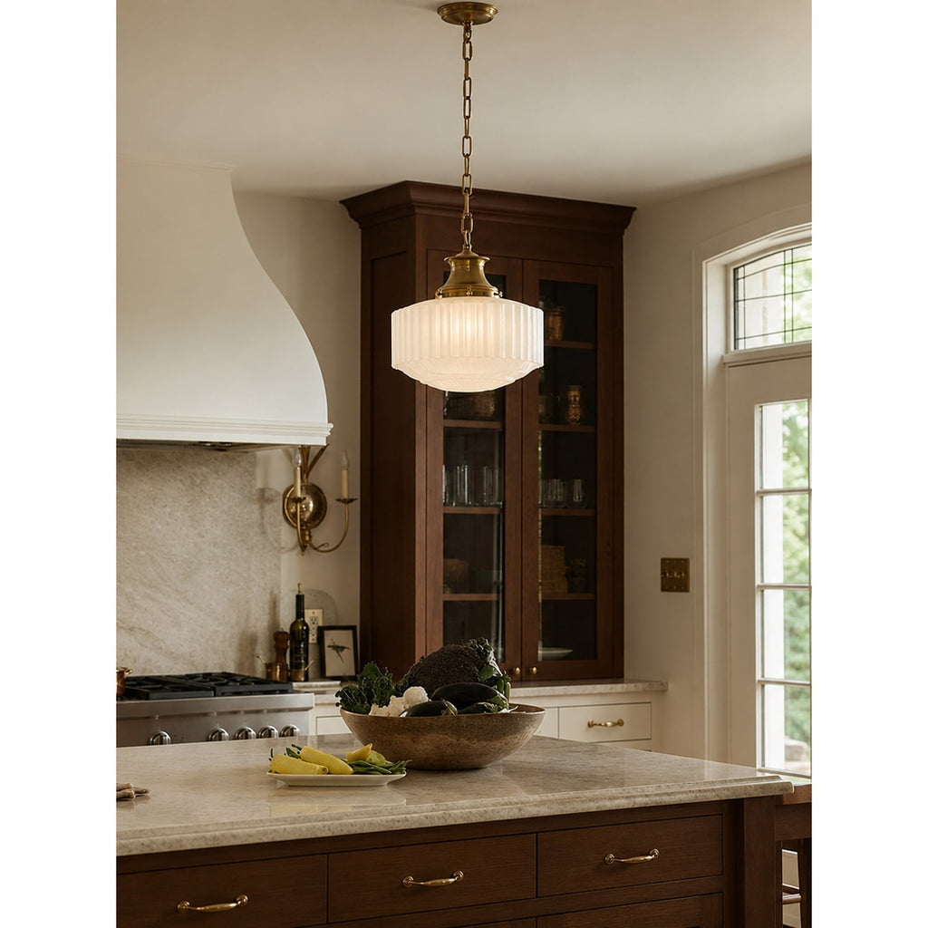 Cassian Fluted Opal Glass Drum Pendant with Brass Chain