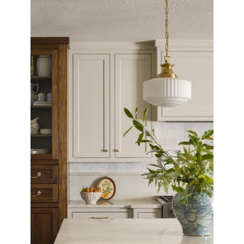 Cassian Fluted Opal Glass Drum Pendant with Brass Chain