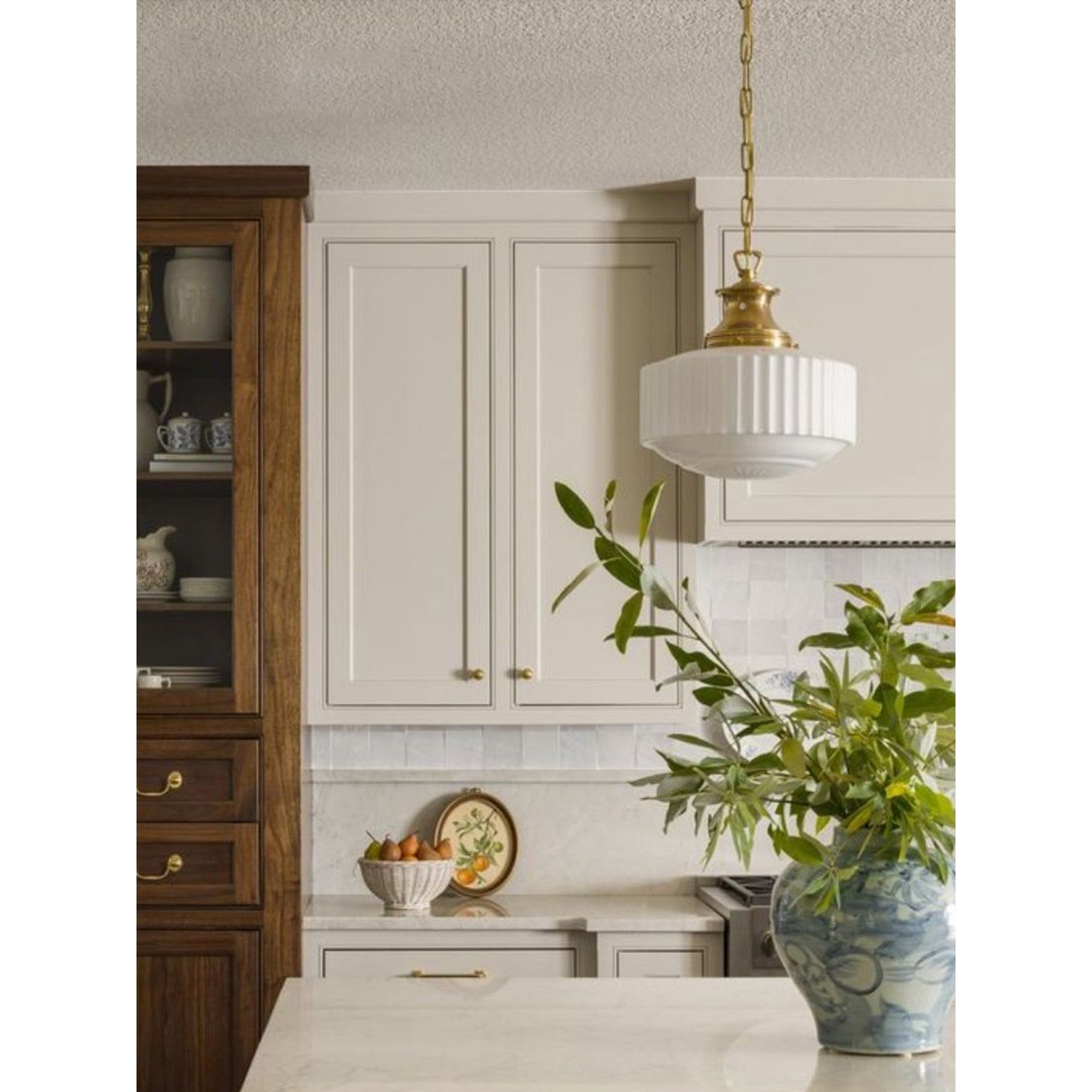 Cassian Fluted Opal Glass Drum Pendant with Brass Chain